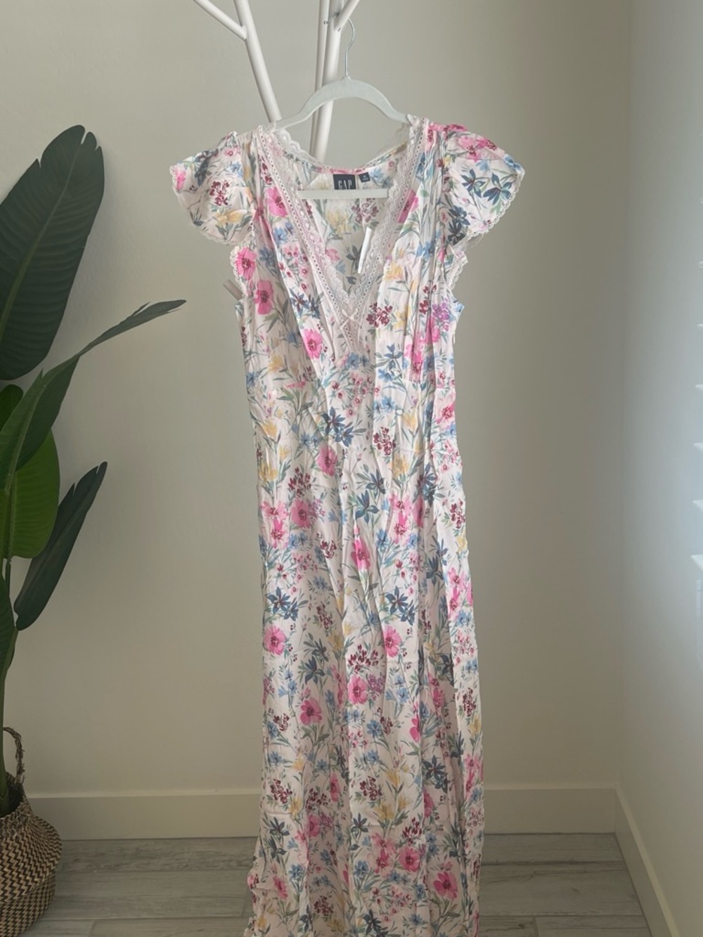 GAP Floral Maxi Dress in White with Pink & Blue Accents